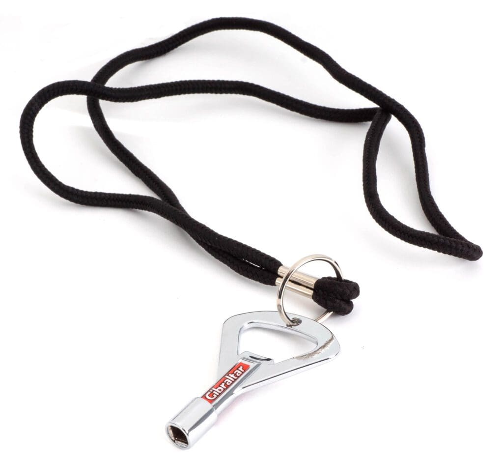 A black lanyard with a bottle opener attached to it.