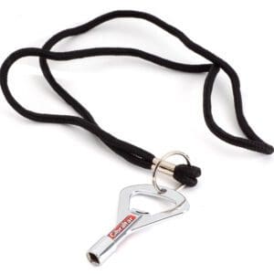 A black lanyard with a bottle opener attached to it.