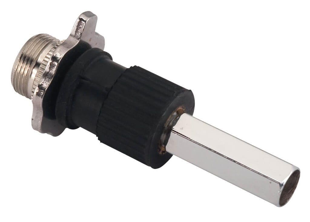 A black and white plug with a metal handle