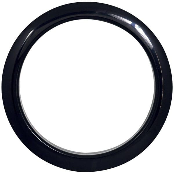 A black plastic ring on a white background.