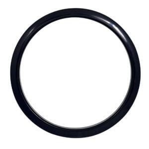 A black plastic ring on a white background.