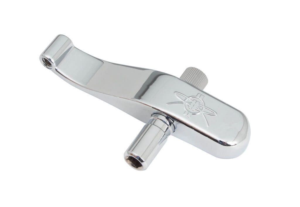 A metal chrome screw opener with white background