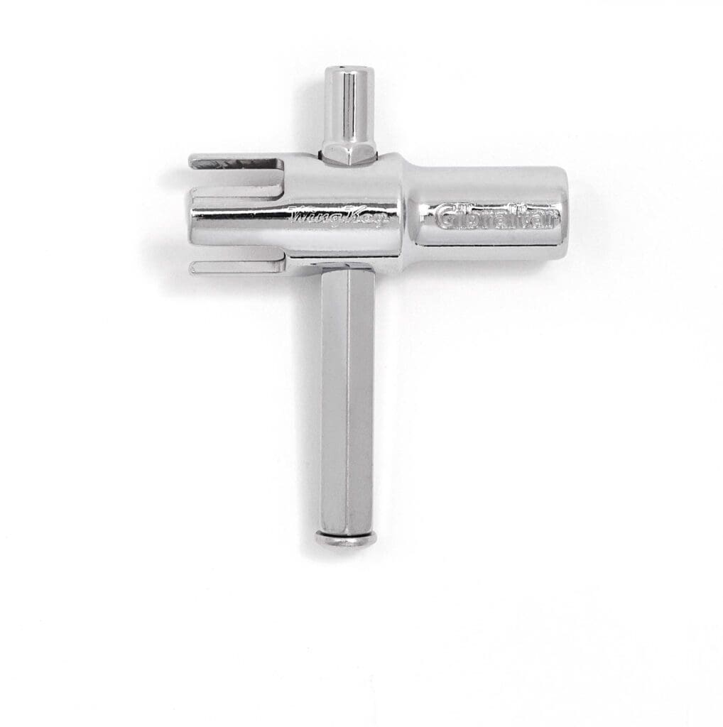 A metal chrome screw opener with white background