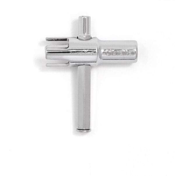 A metal chrome screw opener with white background