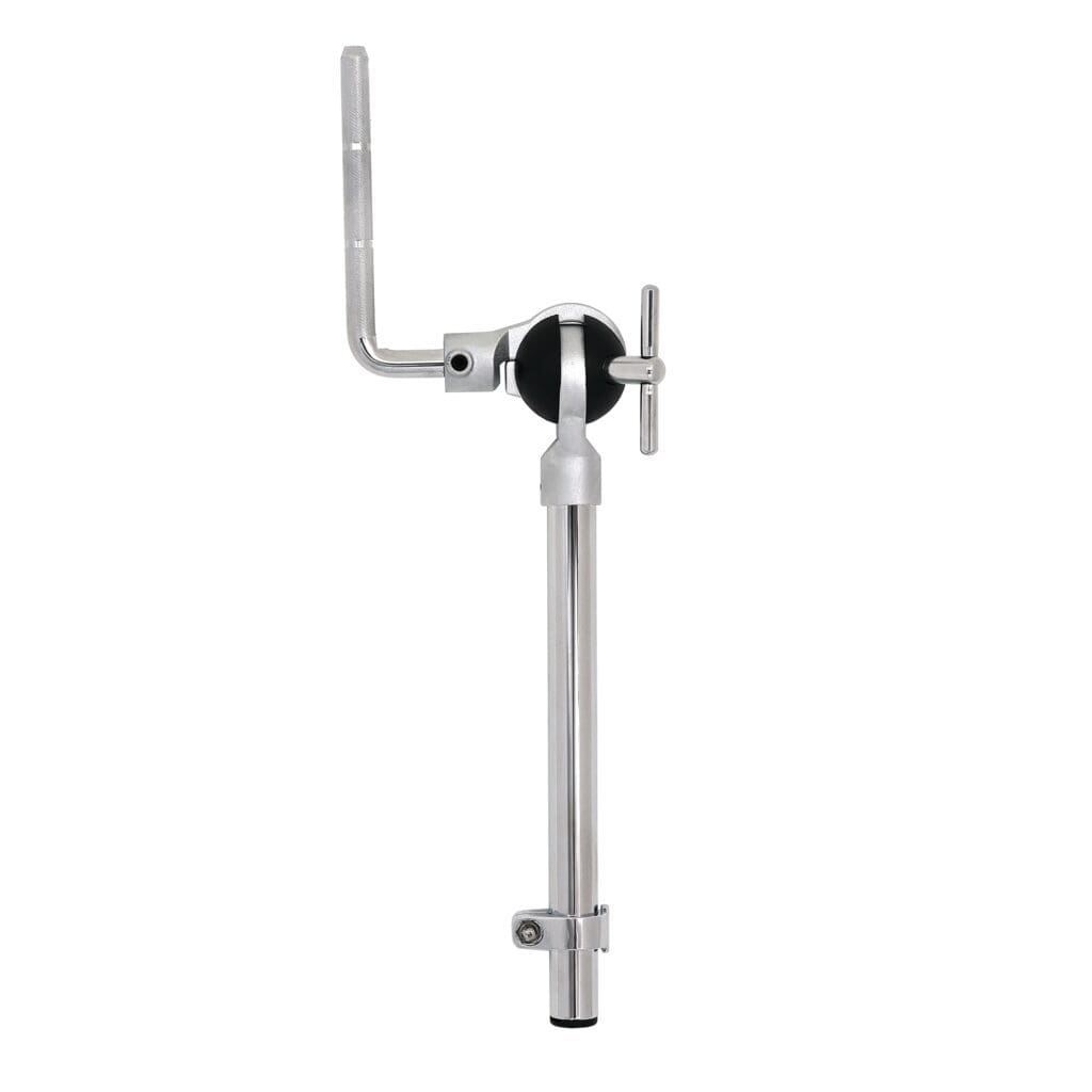 A black and chrome drum stand with a black handle.