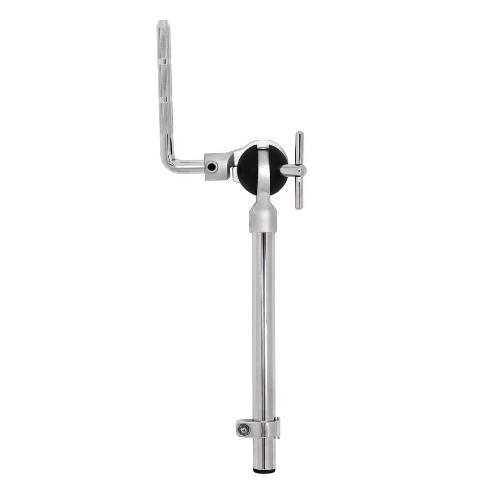 A black and chrome drum stand with a black handle.