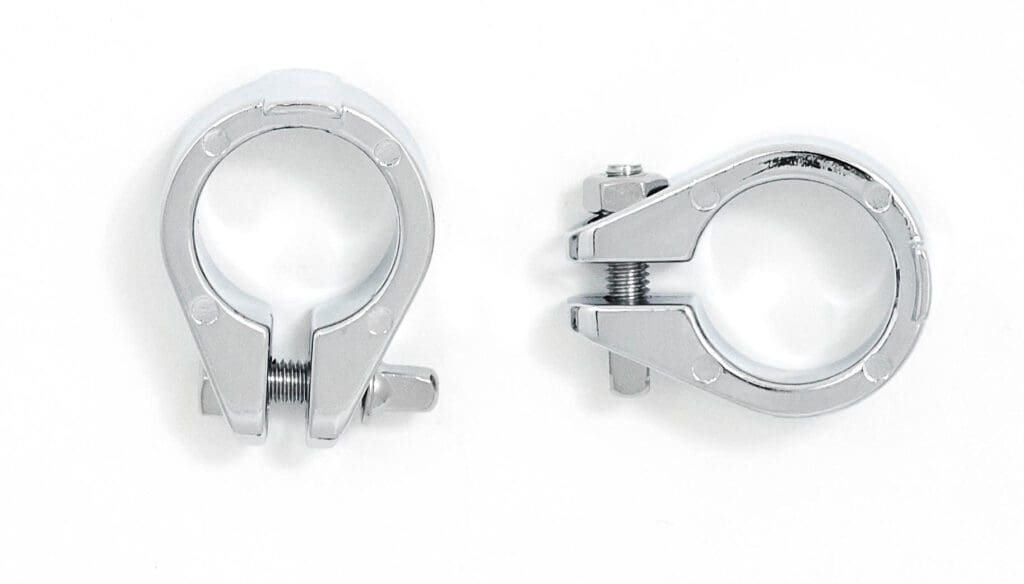 A chrome clamp on a white background.