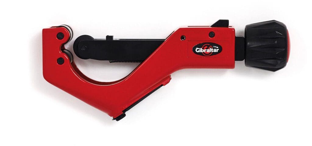 A red and black staple gun on a white background.