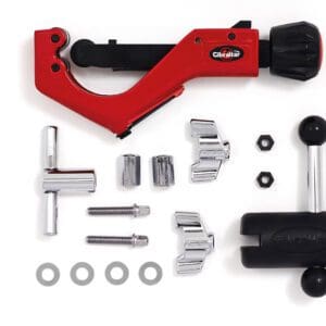 A red and black tool kit with a wrench and a screwdriver.