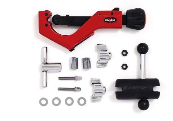 A red and black tool kit with a wrench and a screwdriver.