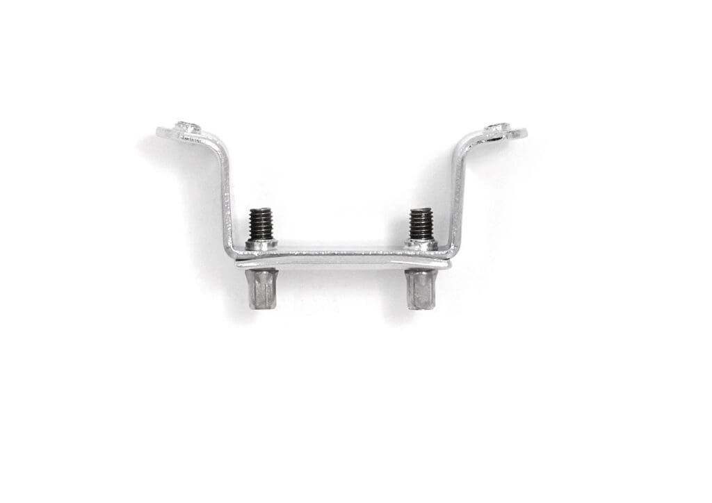 A pair of metal brackets on a white background