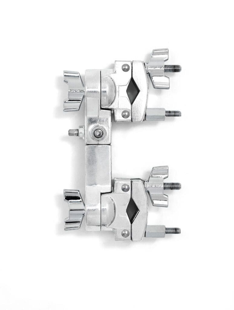 A pair of metal clamps on a white background.