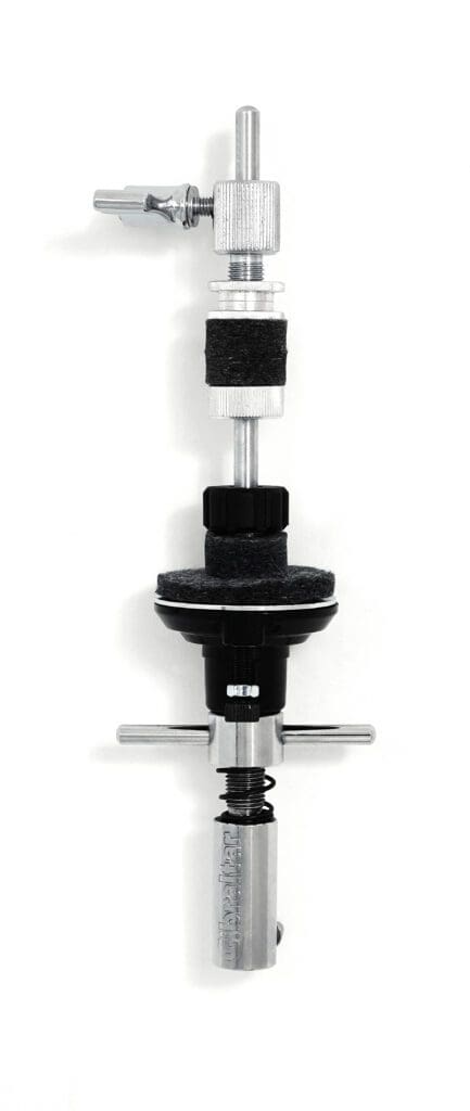 A black and chrome drum stand with a black handle.