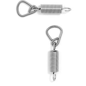 A pair of stainless steel spring hooks on a white background.