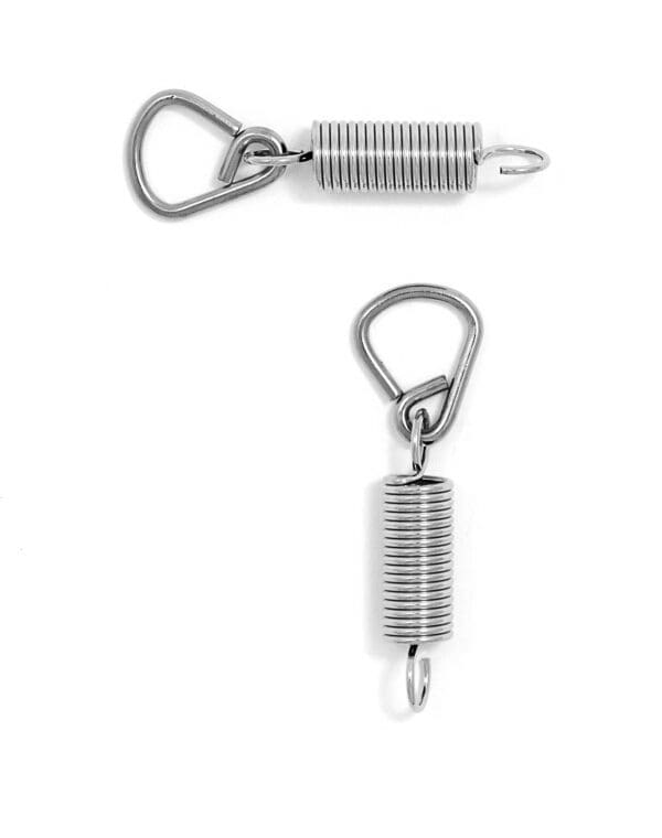 A pair of stainless steel spring hooks on a white background.