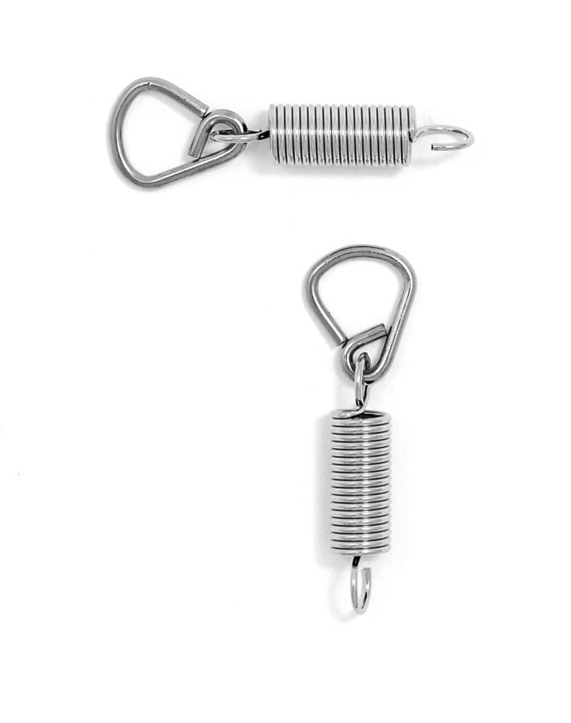 A pair of stainless steel spring hooks on a white background.