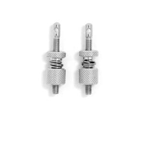 A pair of metal screws on a white background.