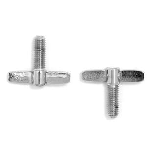 A pair of stainless steel bolts on a white background.