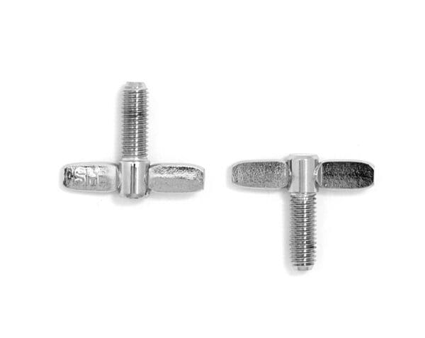 A pair of stainless steel bolts on a white background.