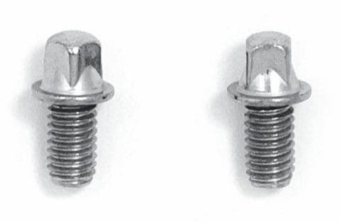 A pair of stainless steel screws on a white background.