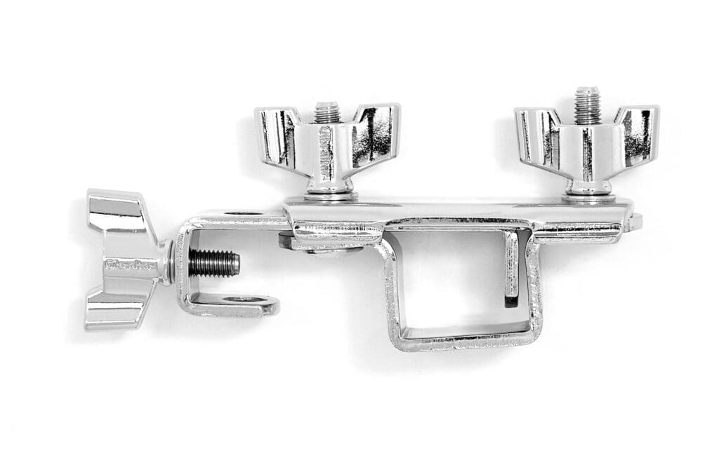 A pair of metal clamps on a white background.