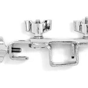 A pair of metal clamps on a white background.