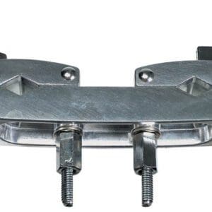 A pair of metal clamps on a white background.