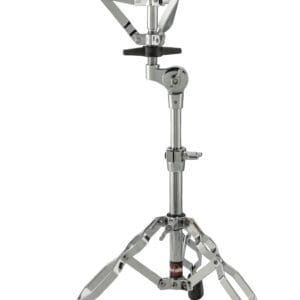 A black and chrome drum stand with a black handle.