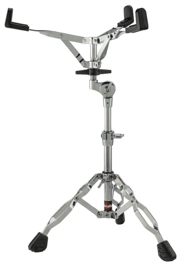 A black and chrome drum stand with a black handle.