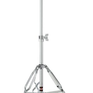 A black and chrome drum stand with a black handle.