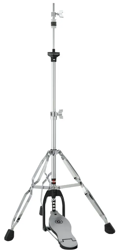 A black and chrome drum stand with a black handle.