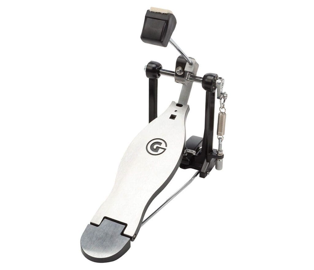 A metal drum pedal with a red knob.