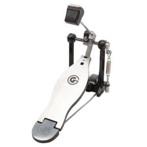 A metal drum pedal with a red knob.