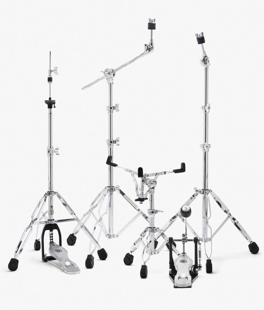 black and chrome drum stands with a handle.