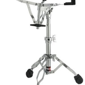 A black and chrome drum stand with a black handle.