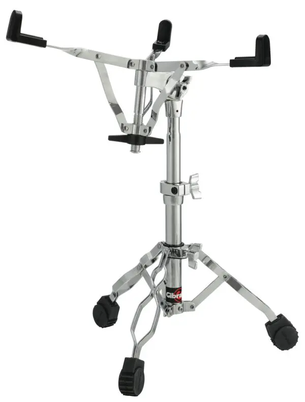 A black and chrome drum stand with a black handle.