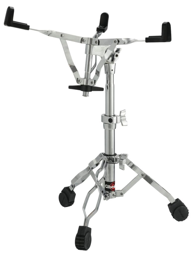 A black and chrome drum stand with a black handle.