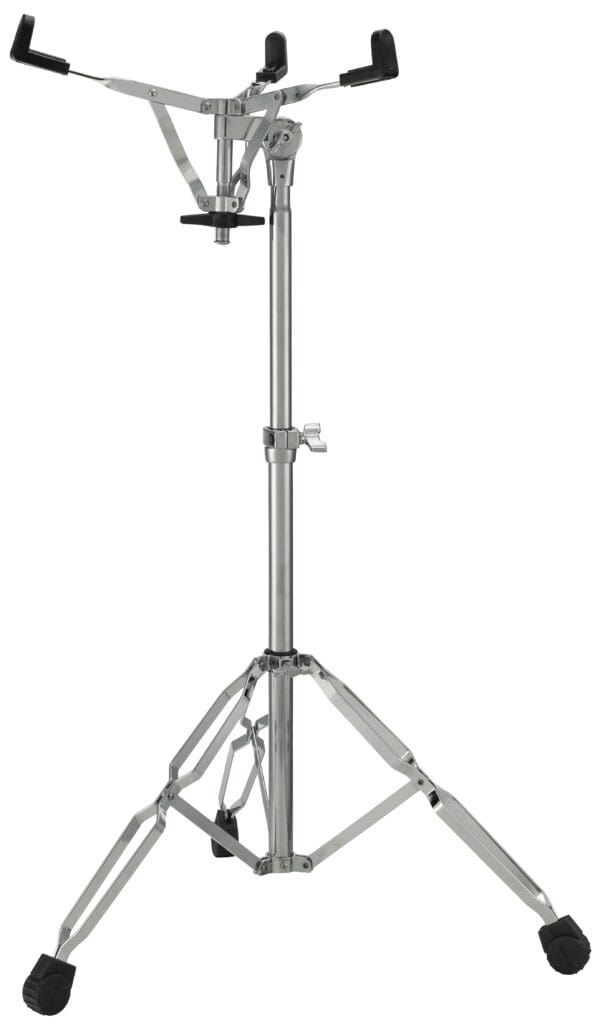 A black and chrome drum stand with a black handle.