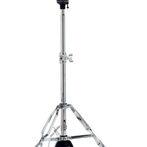 A black and chrome drum stand with a black handle.