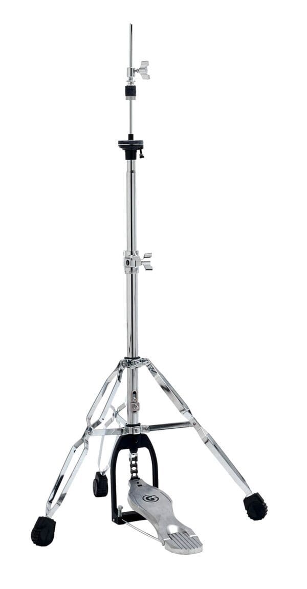 A black and chrome drum stand with a black handle.