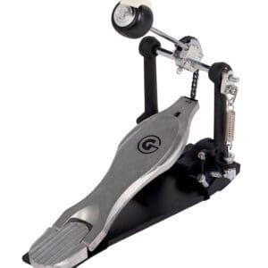 A metal drum pedal with a red knob.