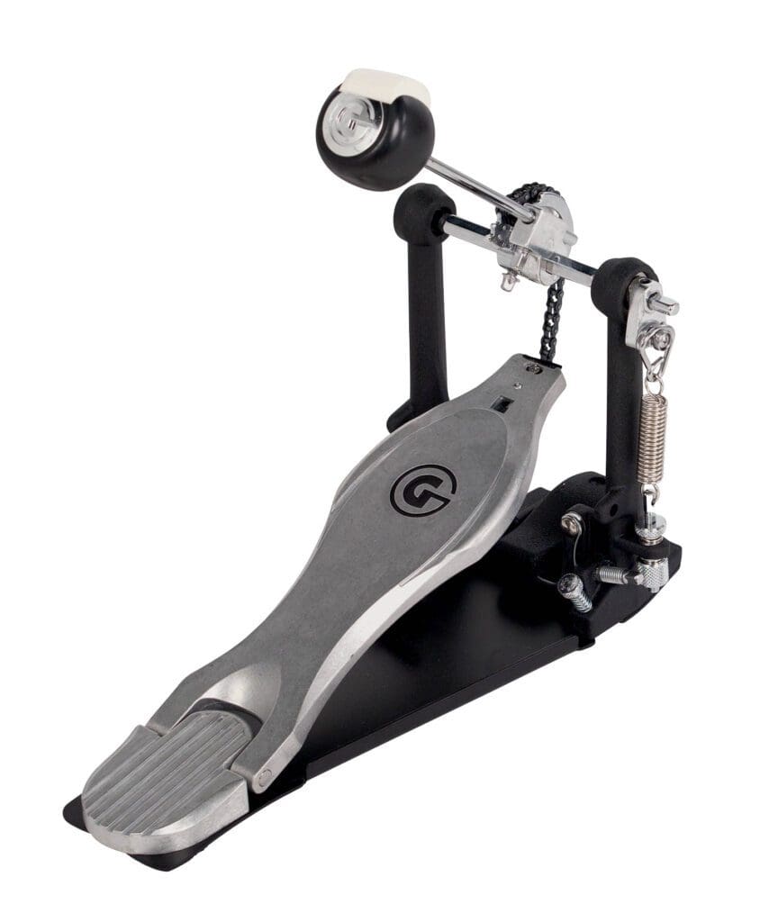 A metal drum pedal with a red knob.