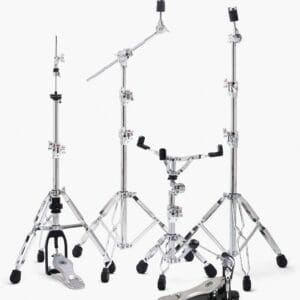 black and chrome drum stands with a handle.