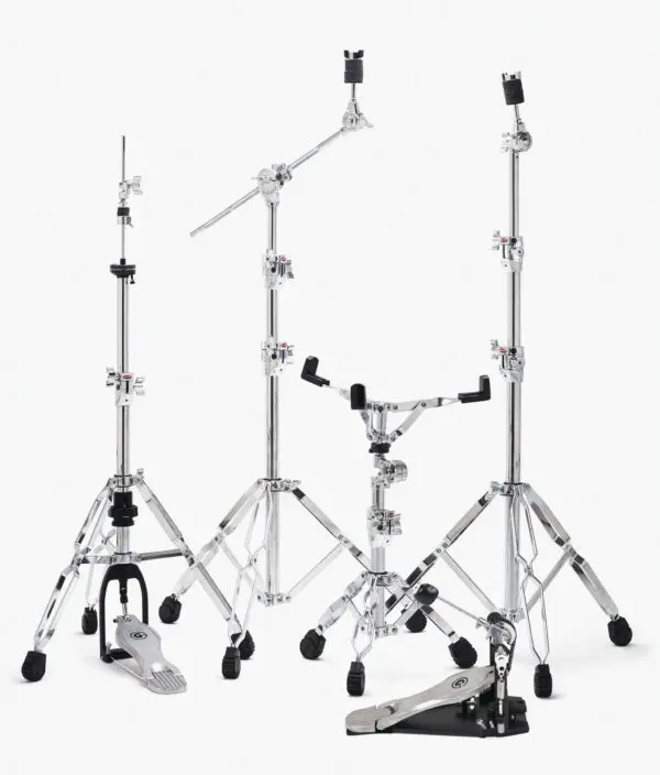 black and chrome drum stands with a handle.