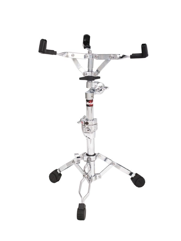 A black and chrome drum stand with a black handle.