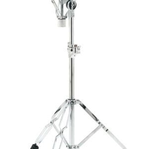 A black and chrome drum stand with a black handle.