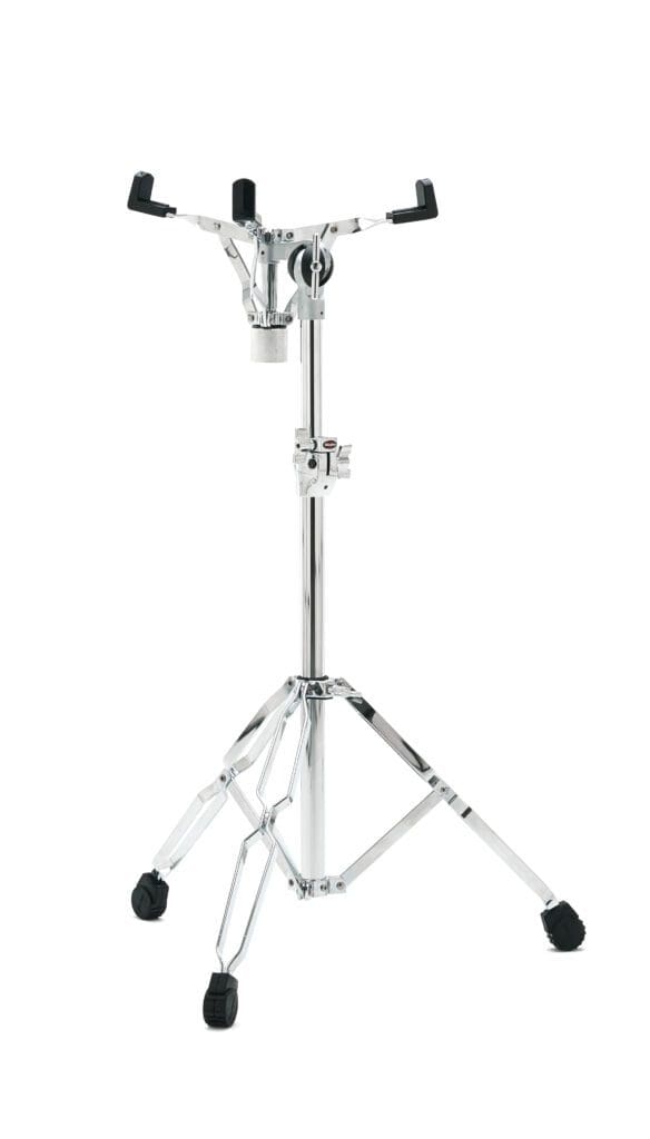 A black and chrome drum stand with a black handle.