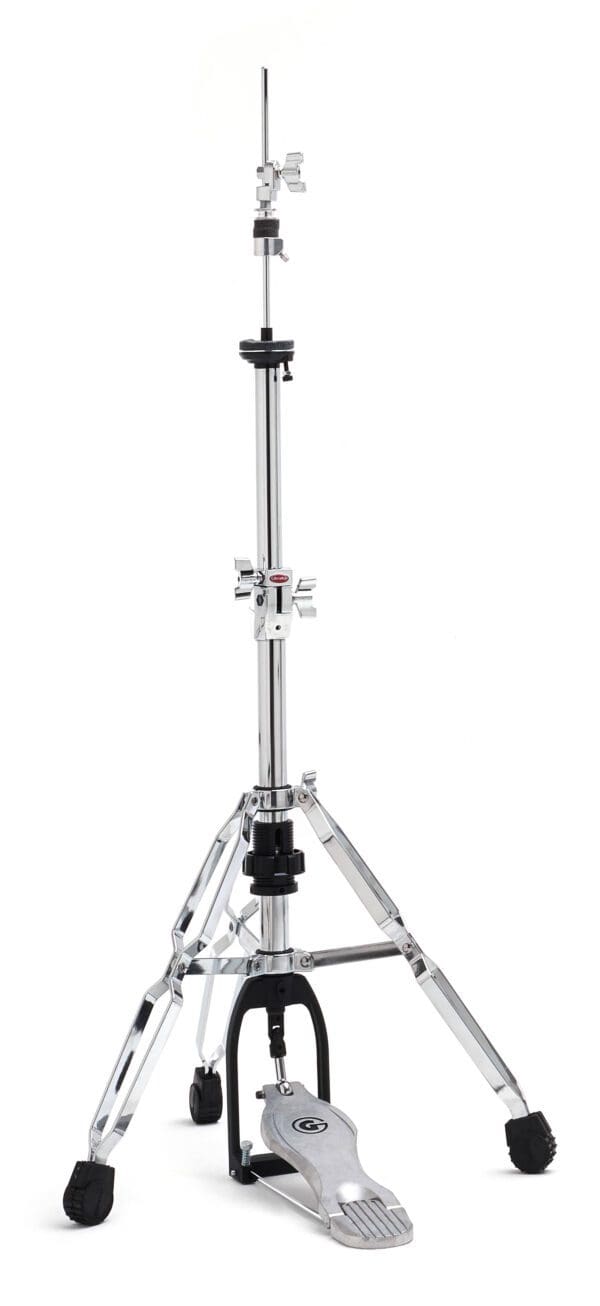 A black and chrome drum stand with a black handle.