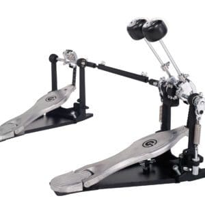 A metal drum pedal with a red knob.