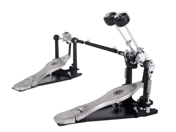 A metal drum pedal with a red knob.